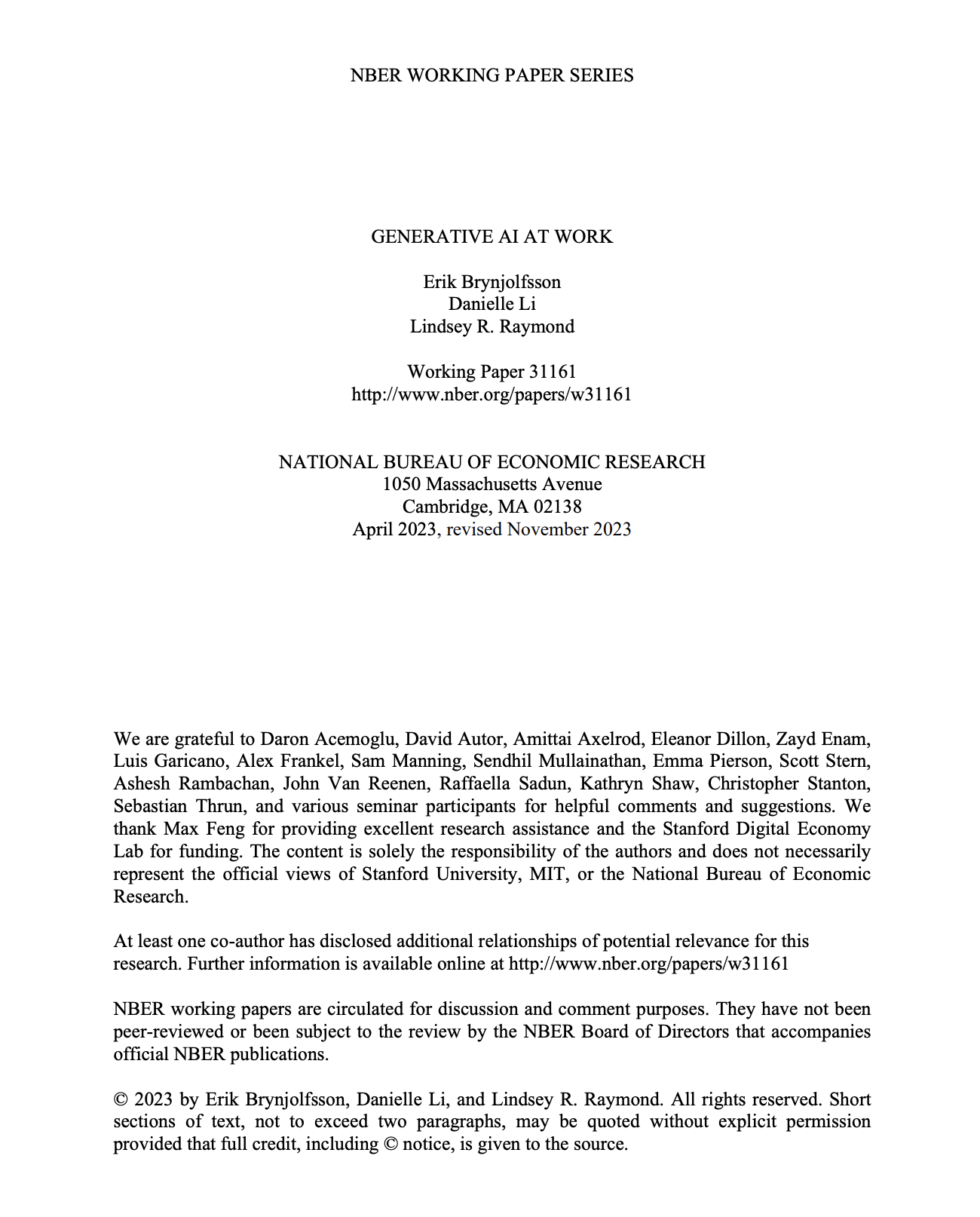 NBER Generative AI at Work working paper cover